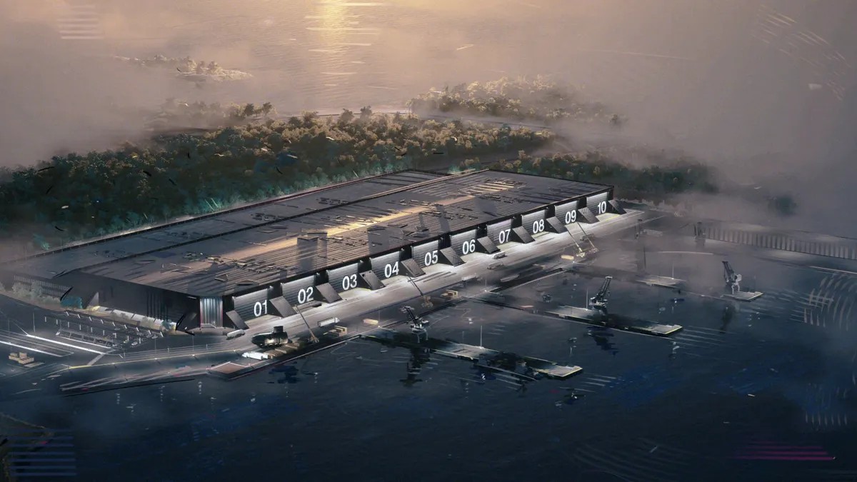 Rendering of the Arsenal-2 shipyard on the water in Baltimore County, Maryland
