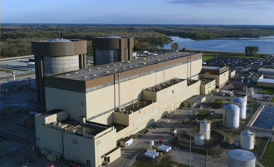 Aerial view of a Constellation Energy nuclear plant beside a river