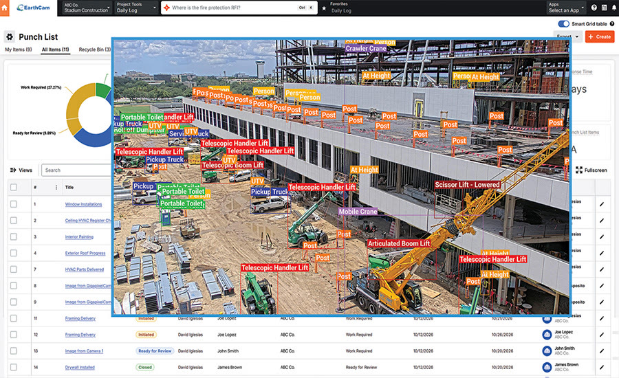 Procore Punch List screen with an EarthCam jobsite camera view inset, where AI labels equipment such as telehandlers, scissor lifts and a crane.
