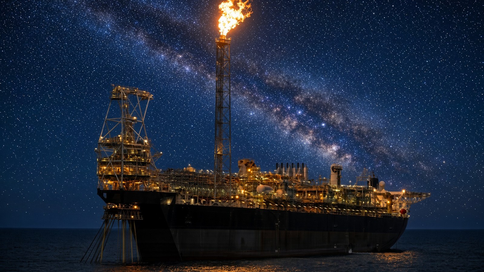 AI-generated image of an offshore FPSO at night under the Milky Way, with a flame at the top of a tall flare tower