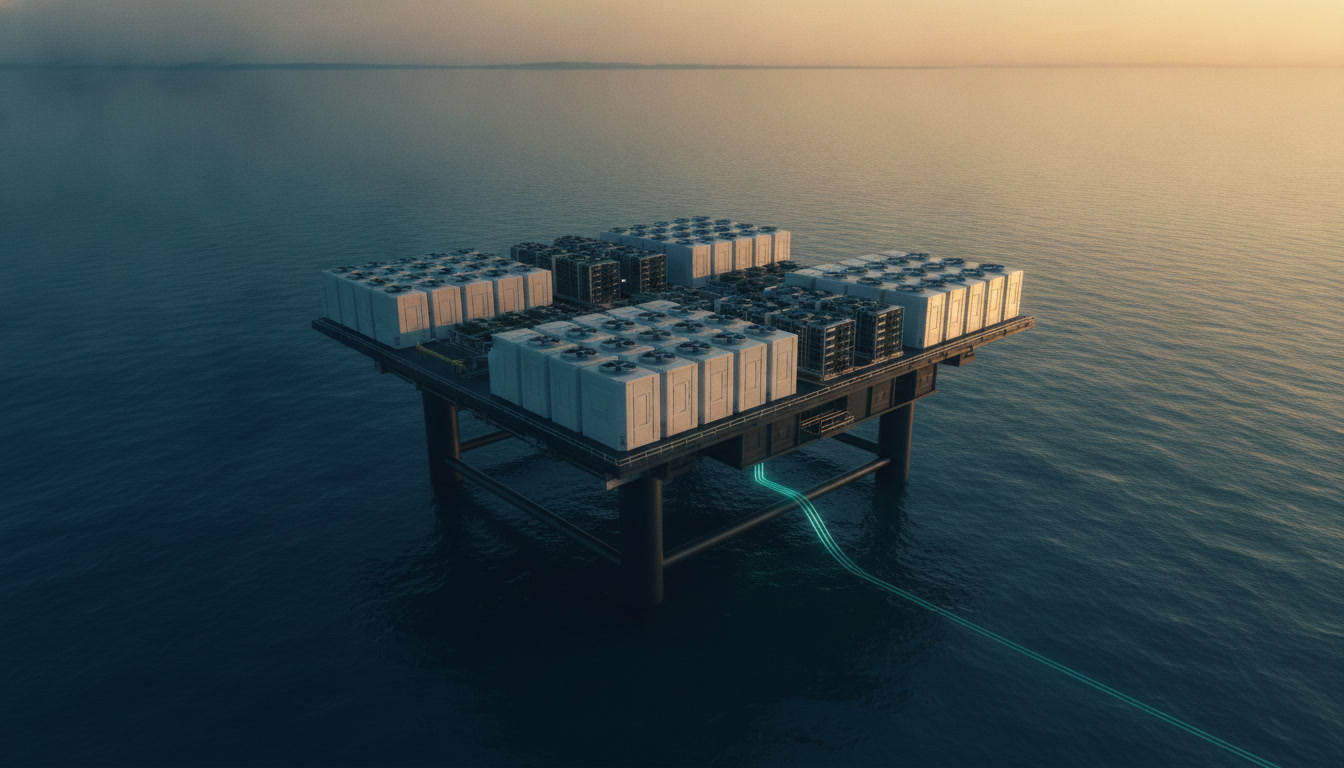 Offshore gas platform beside a modular data center, with the Offshore Data Center and Kalypso logos