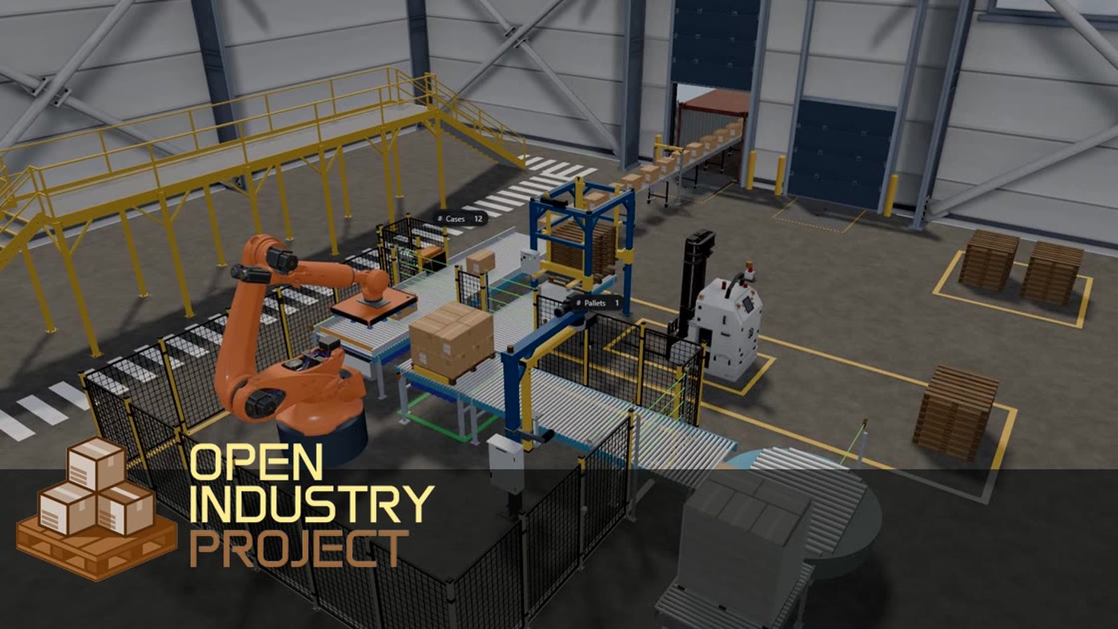 Open Industry Project simulator showing a palletizing line with an orange robot arm, roller conveyors, boxes and an AGV