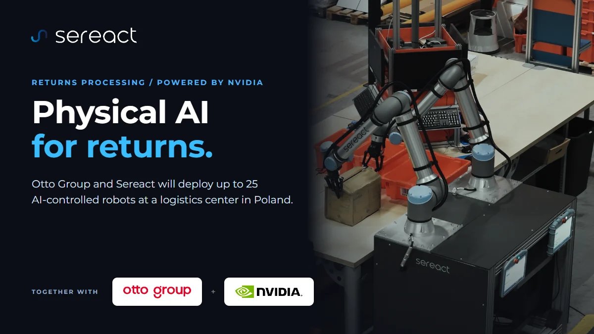 Two Sereact dual-arm robots sorting packages at a warehouse returns station