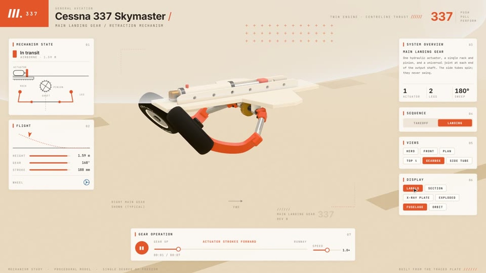 Teardown 3D simulator of a Cessna 337 main landing gear with live panels