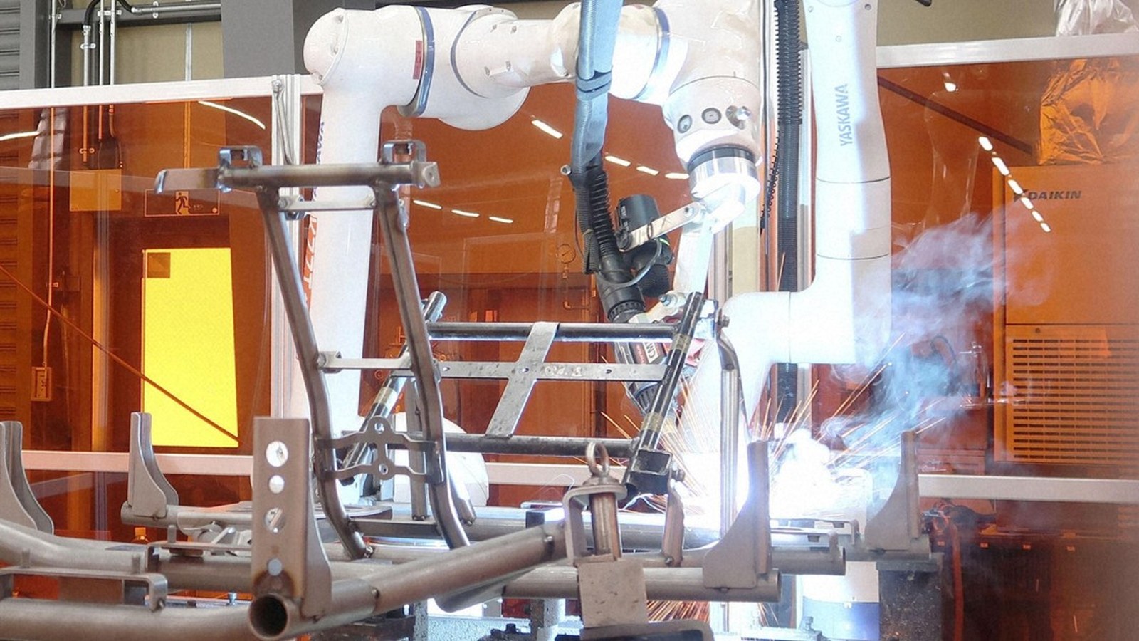 AI-driven welding robot at Toyota's GR Kart plant in Gamagori, Aichi Prefecture